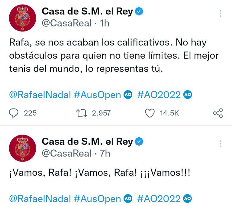 The tweet that the Royal House of Spain wrote after the triumph of Rafael Nadal