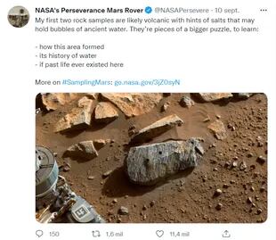El tuit con el que la NASA anunció las noticias sobre las muestras tomadas de la roca Rochette