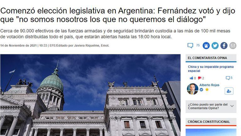 El Mercurio, de Chile, también cubre las elecciones y ponen el foco en las declaraciones de Alberto Fernández
