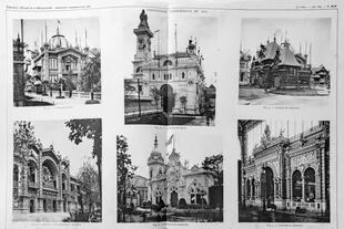 Los pabellones de Chile, Brasil, Nicaragua, Argentina y Venezuela (y la Porte de la Ceramique), en París. 1889.