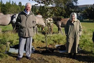 Uno de los últimos días de campo junto al entonces príncipe Carlos, el 1 de octubre de 2021. Isabel y su heredero posan después de plantar un árbol en el Cricket Pavilion de Balmoral.