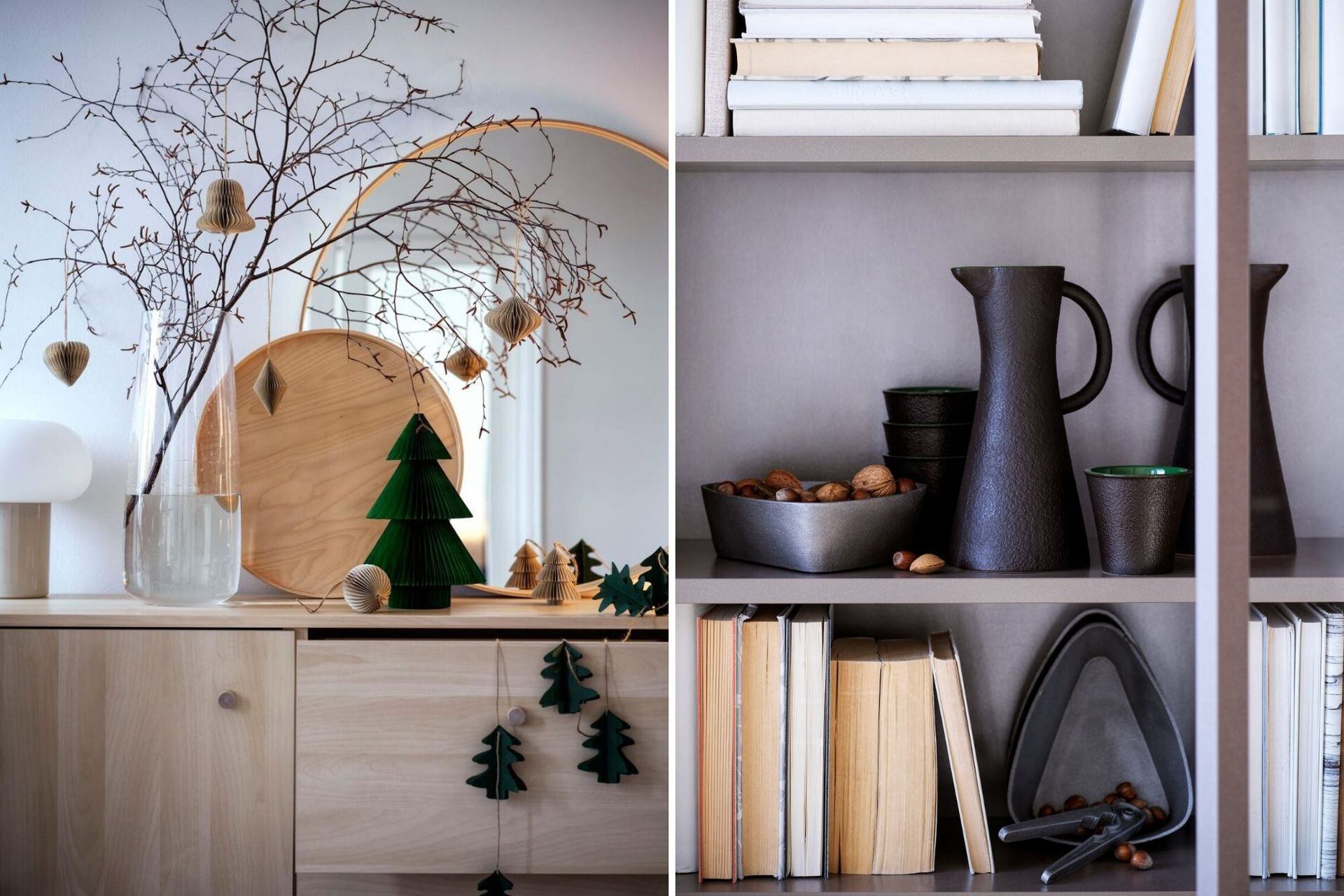 Ideas geniales para sumar algún detalle a otros ambientes. Arbolitos navideños, jarras y decoraciones con naturaleza muerta. Foto: ikea.com