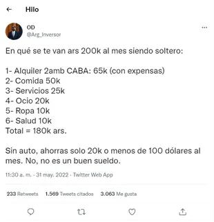 Un usuario de Twitter compartió cuánto gasta un argentino con sueldo de 200 mil pesos y generó polémica en las redes sociales. Foto: (Captura @Arg_Inversor)
