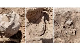 Estas fotos del sábado 7 de mayo de 2022, proporcionadas por Lindsey Melvin de Henderson, muestran restos humanos que ella y su hermana descubrieron en un banco de arena que apareció recientemente cuando  la sequía en el lago Mead dejó al descubierto el fondo