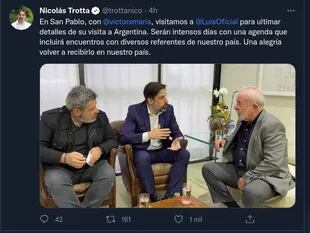 Trotta tuiteó sobre su reunión con Lula Da Silva.