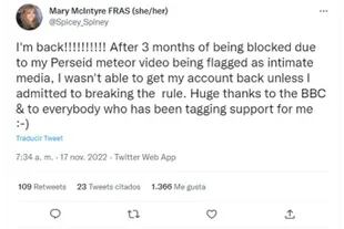Mary McIntyre regresó a su cuenta de Twitter tres meses después de ser bloqueada por, supuestamente, haber subido una imagen de "contenido íntimo"