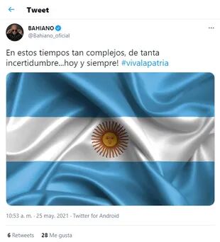 El Bahiano escribió un mensaje para los argentinos en Twitter con motivo del 25 de mayo