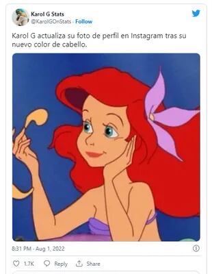 La nueva foto de perfil de Karol G en Instagram es una imagen de La Sirenita, de Disney (Crédito: Twitter)