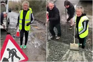 Rod Stewart tomó la pala para arreglar una vía en Essex (Crédito: Captura de video Instagram/@sirrodstewart)