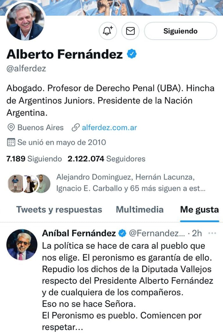 El "me gusta" de Alberto Fernández al posteo de Aníbal Fernández en el que repudia los insultos de Fernanda Vallejos.