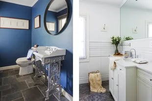 En el toilette, las paredes son azul ‘SW9150’ (Sherwin Williams). Las toallas son de gasa (Natural). En el baño principal, canasto (Claudia Adorno), toallas (Natural) y velas en cuenco de madera (Vero Home).