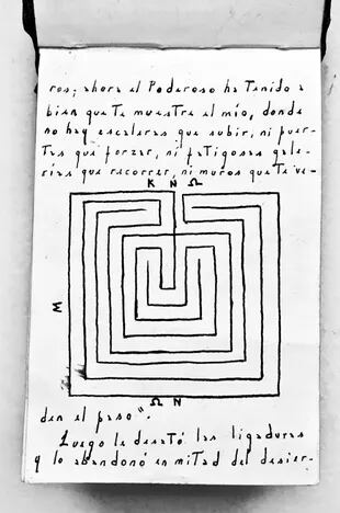 El manuscrito de "Historia de los dos reyes y los dos laberintos" incluye un dibujo de Borges