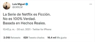 El tuit de Luis Miguel sobre la serie de su vida (Foto: Captura Twitter/@LMXLM)