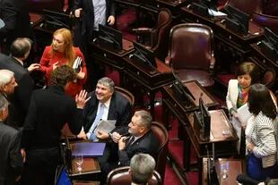 El senador oficialista José Mayans habla con el opositor Martín Lousteau después de la sesión en la que se dio media sanción a la reforma de la Corte Suprema