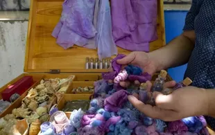 Hilos y telas teñidas del color púrpura extraído de los caracoles por el artesano tunecino Mohamed Ghassen Nouira quien en 2020 se propuso revivir el oficio.