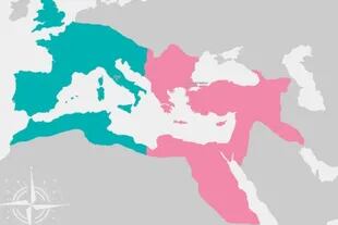 División del Imperio romano: turquesa - Occidente, con Roma como capital; rosa - Oriente, con Constantinopla como capital