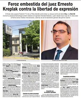 El diario Hoy apunta contra el juez federal Ernesto Kreplak que ordenó la detención de Balcedo