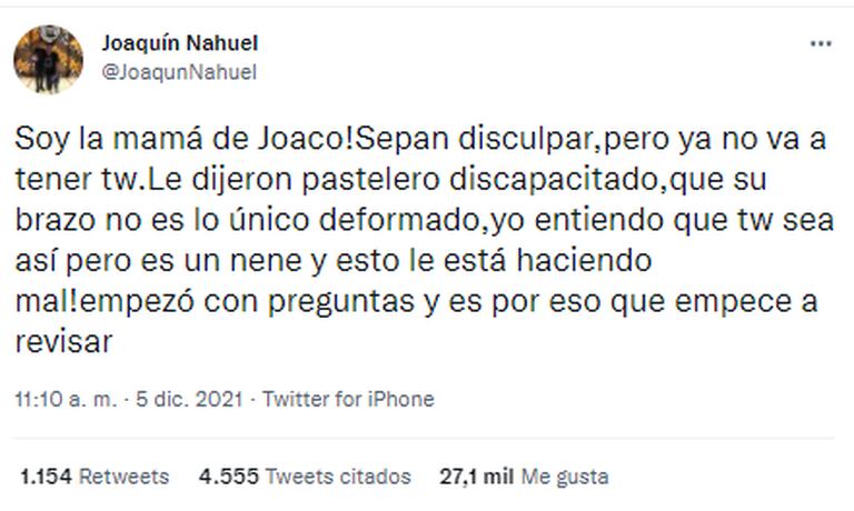 El descargo de la madre de Joaquín Nahuel luego de que su hijo recibiera comentarios discriminatorios en Twitter