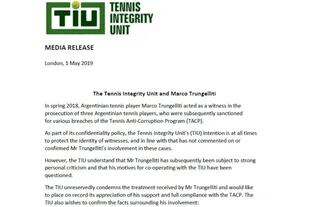 El comunicado de la Unidad de integridad en el Tenis