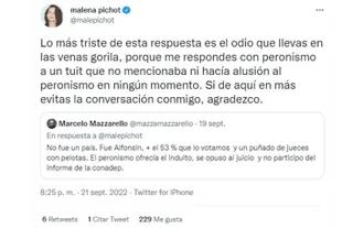 Malena Pichot Retweeted Marcelo Mazzarello'S Responses And Responded By Mentioning &Quot;Hatred&Quot; With A Call To End The Exchange Of Further Messages Of The Actor