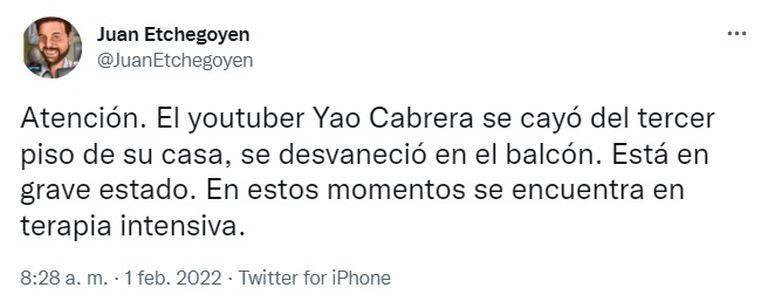 Yao Cabrera que moteó al periódico Juan Etchegoyen sobre el accidente sobre la información