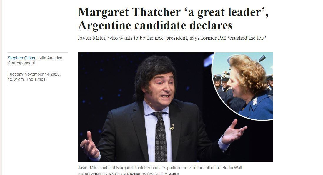 Un diario inglés se hizo eco de los dichos de Javier Milei sobre Margaret Thatcher durante el debate presidencial