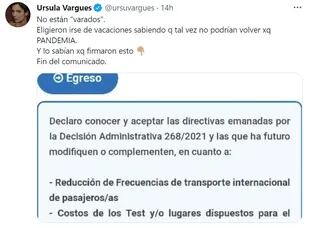 Úrsula Vargues se refirió en duros términos a los argentinos varados en el exterior que reclaman piden volver al país