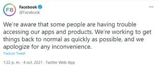 Facebook tuvo que usar Twitter para comunicarse con sus usuarios y reconocer que estaban experimentando la caída del servicio