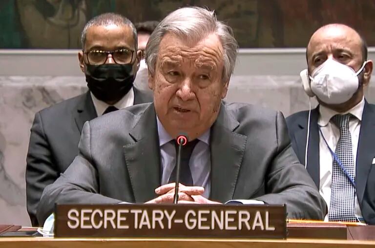 In this video taken from the ONUTV video, UN Secretary General Antonio Guterres speaks at an emergency UN Security Council meeting in Ukraine on February 23, 2022, at the agency's headquarters, condemning Russia's actions in Ukraine and calling for diplomatic action.  (AP via ONUTV)