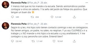 Florencia Peña utilizó su Twitter para responderle a quienes la culparon por el contagio de sus hijos