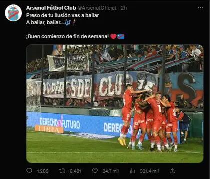 La publicación del Twitter de Arsenal de Sarandí