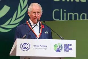 Carlos pronuncia un discurso en el evento de Acción sobre Bosques y Uso de la Tierra el tercer día de la Conferencia Climática COP26 en Glasgow, noviembre de 2021