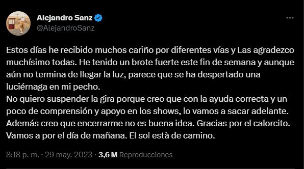 El nuevo mensaje de Alejandro Sanz