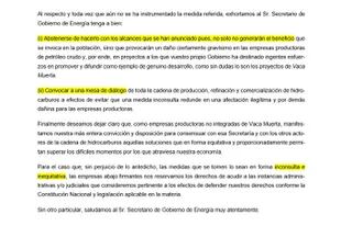 Parte del borrador que las petroleras no integradas quieren enviarle al secretario de Energía, Gustavo Lopetegui, para evitar el congelamiento total de los combustibles.