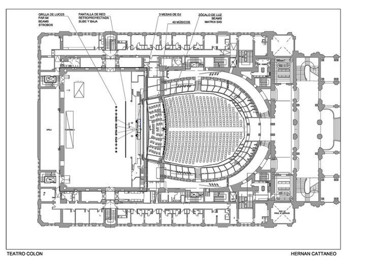 El plano de la sala mayor del Colón donde se presentará Cattáneo; es la primera vez que la música electrónica tiene espacio en un teatro de estas características 