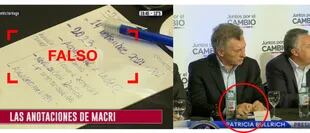 A la izquierda, la foto falsamente atribuida a Macri; a la derecha, una captura de la emisión de TN en donde se ve el bloc de notas con la primera hoja doblada para atrás.