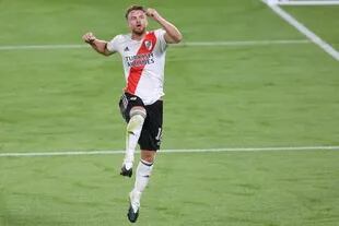 Lucas Beltrán, en uno de sus festejos de gol desde su regreso a River.