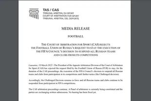 Captura de pantalla del comunicado del Tribunal de Arbitraje Deportivo (TAS) que confirma las sanciones a los seleccionados rusos por la invasión de ese país a Ucrania