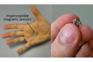 Un sensor en la palma de la mano (izq.) y arrugado en un bollo
