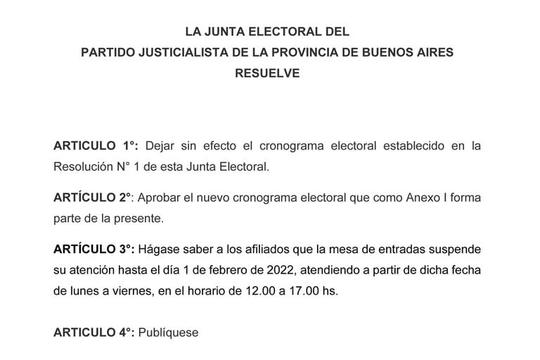La resolución de la Junta Electoral del PJ bonaerense, que se reunió la noche del miércoles en la sede de Matheu.