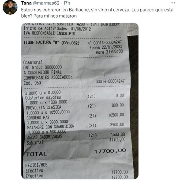 Les cobraron $17.700 en un restaurante de Bariloche