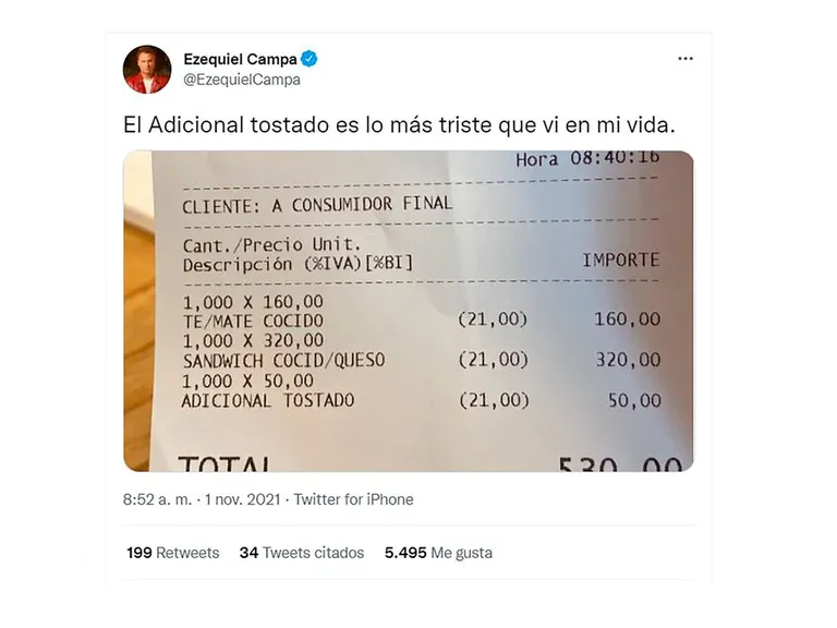 Ezequiel Campa compartió el ticket de una cafetería y se volvió viral