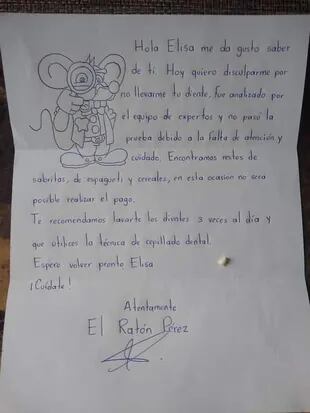 Con un dibujo y la firma del Ratón Pérez, la familia de Elisa le explicó por qué no podían pagarle y le devolvió el diente