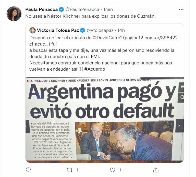 Captura del tuit de Paula Penacca, diputada nacional y secretaria parlamentaria