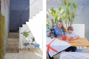 En el patio se encuentra la escalera de baranda liviana que lleva a la terraza y recorre paredes en gris azulado. Juego de mesas y silla ‘Bertoia’ traída de la casa anterior. Género azul y mantel (MS Deco).
