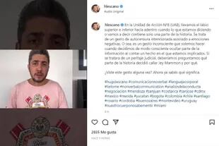 El posteo de Hugo Lescano sobre la gesticulación de Jey Mammon en su video de descargo tras ser acusado de abuso