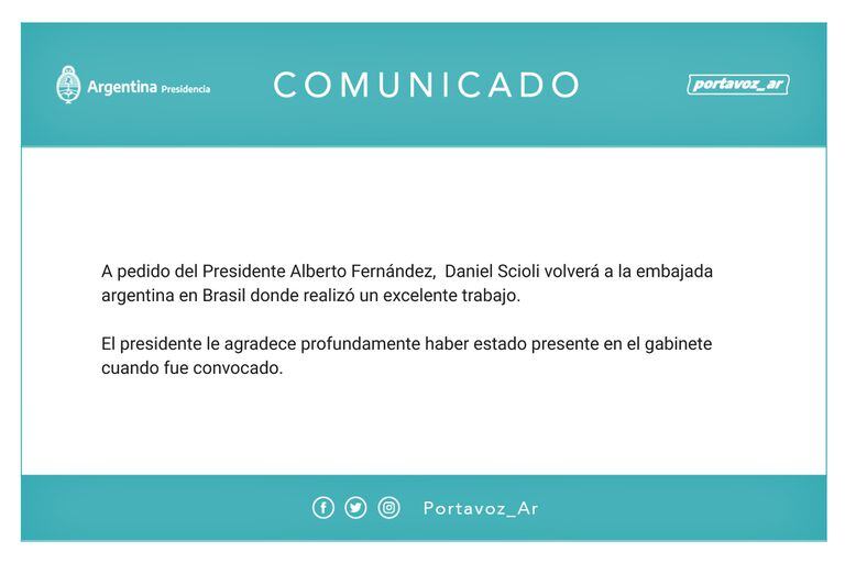 El comunicado por la vuelta de Scioli a la embajada de Brasilia