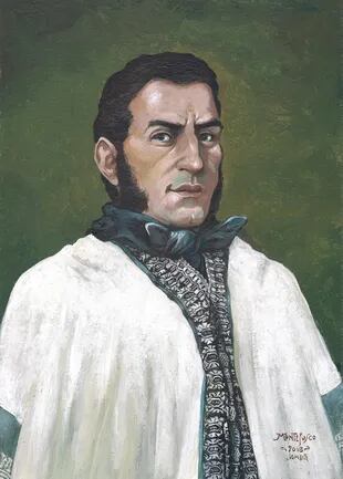 Retrato de San Martín con poncho pehuenche, realizado por Carlos Montefusco para ilustrar el libro Manual de Telar Mapuche Ponchos de Labor