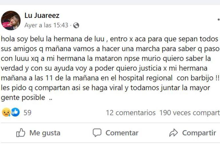 Belu posted on her sister Lourdes' Facebook wall a summons to go to the door of HIGA Dr. Oscar Alende in Mar del Plata to demand explanations for the young woman's death.