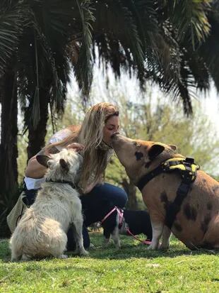 Julieta Dimarco de paseo por Parque Saavedra. La acompañan las chanchas Pochi y Cuba y el perro Lenny